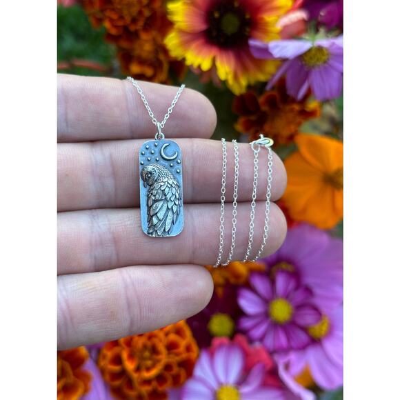 Sterling Silver Barn Owl and Moon Necklace, Silver Barn Owl and Moon Necklace - Picture 2 of 4